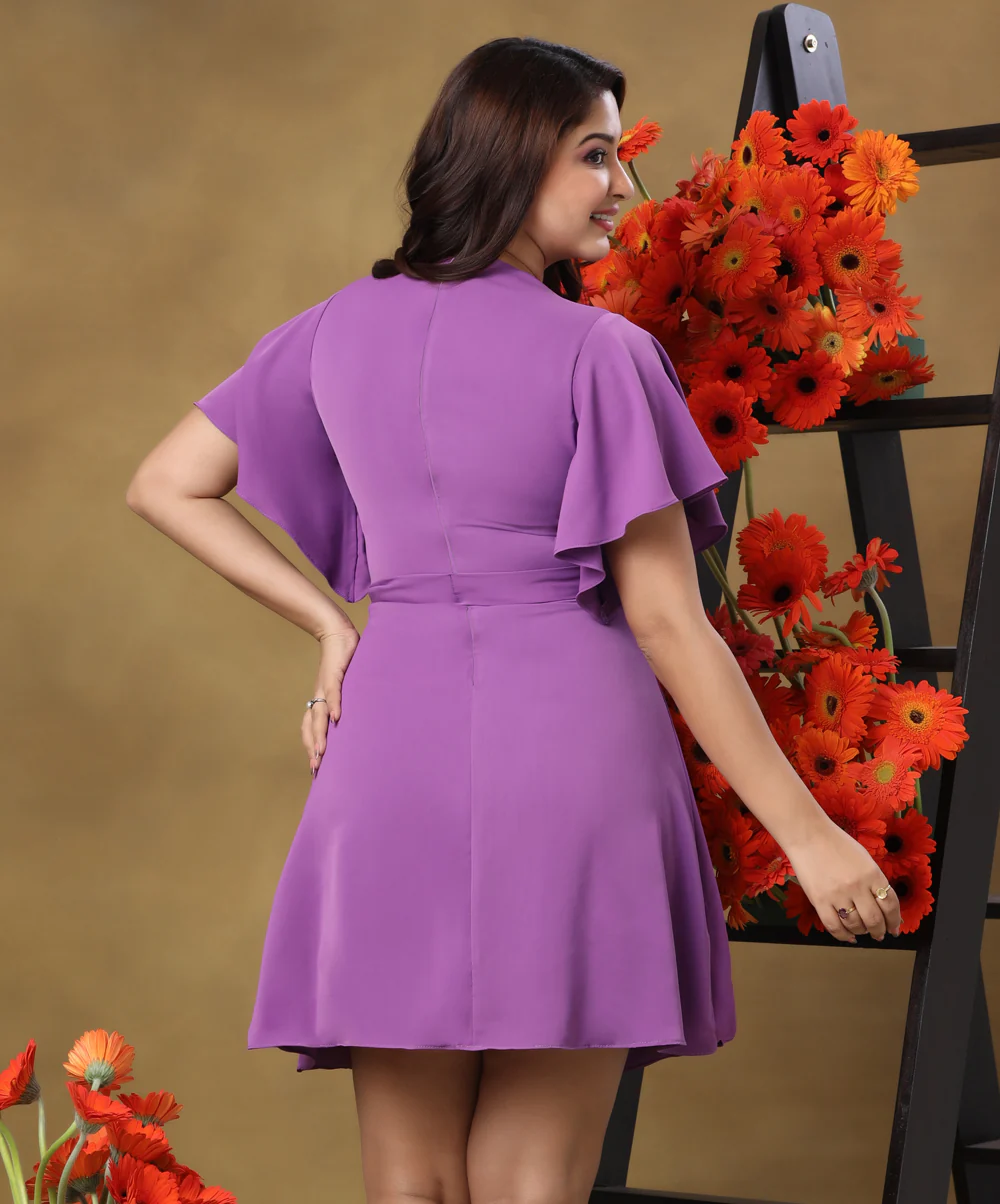 Sleeve Flared Skater Mini Purple Dress - Image 3