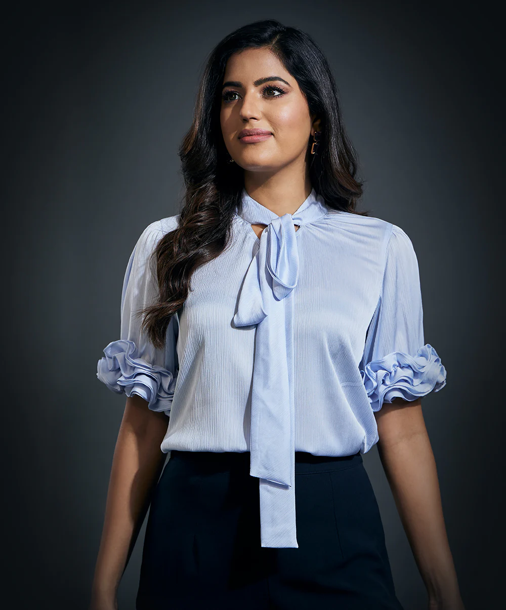 Sleeve Frilled Satin Half Sleeve Top-Blue - Image 2