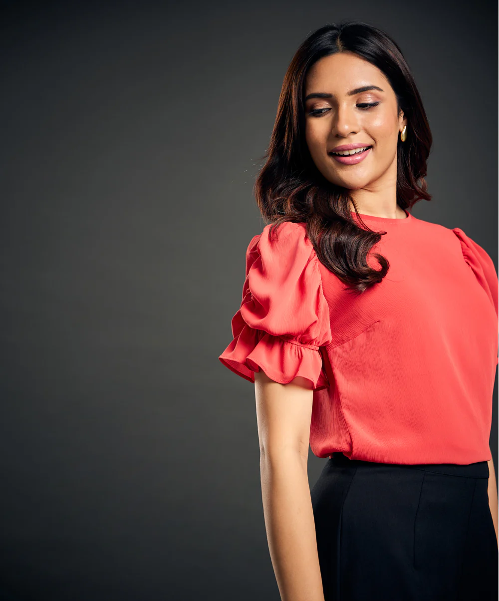 Sleeve Gathered Crepe Chiffon Top