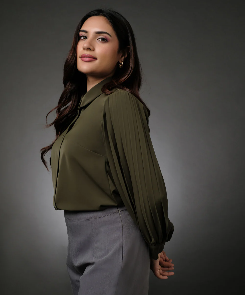 Sleeve Pleated Khaki Shirt Top - Image 4