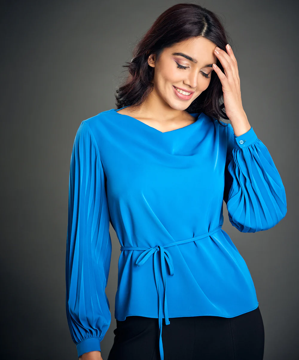 Sleeve Pleated Waist Tie Blue Top - Image 3