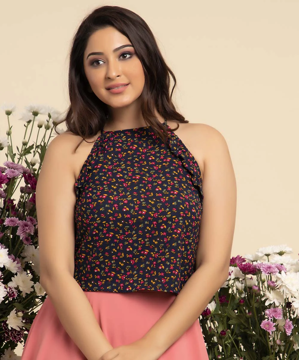 Sleeve Strap Frilled Round Neck Top - Image 3