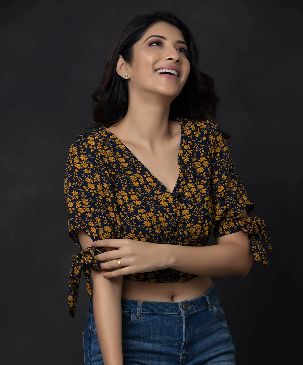 Sleeve Tie Deep V-neck Printed Top - Image 2