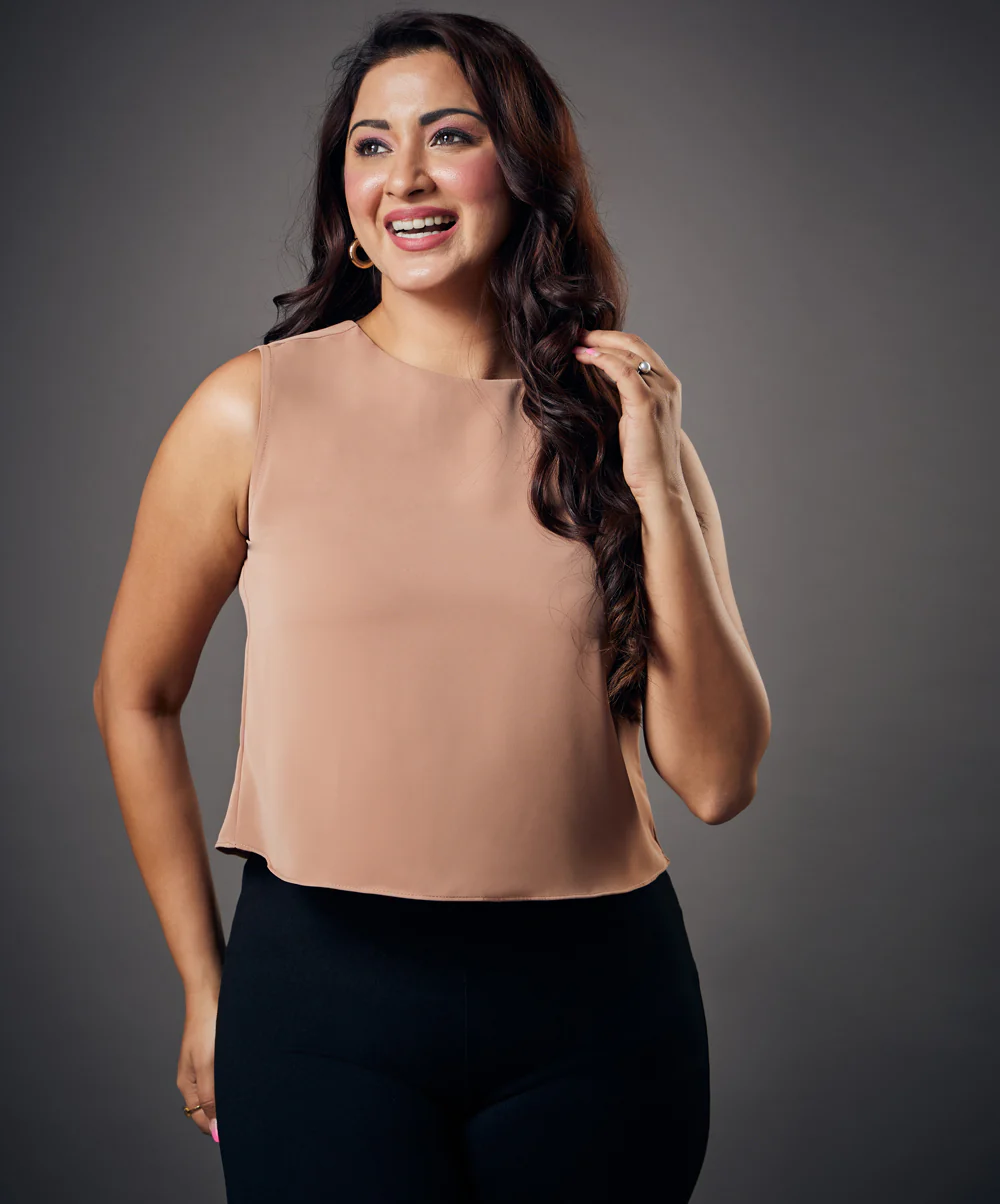 Sleeveless Basic Solid Brown Chiffon Top