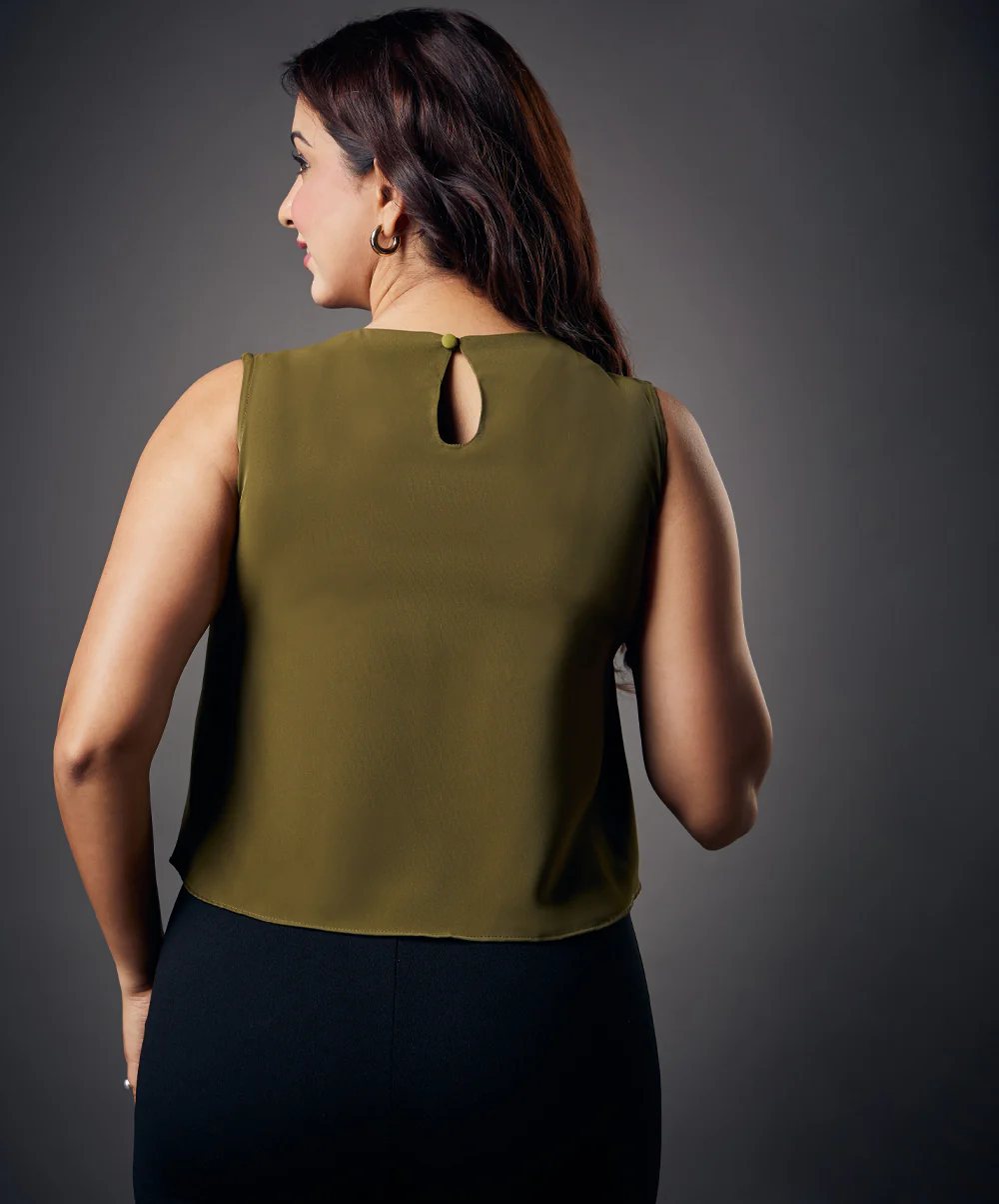 Sleeveless Basic Solid Olive Chiffon Top - Image 2