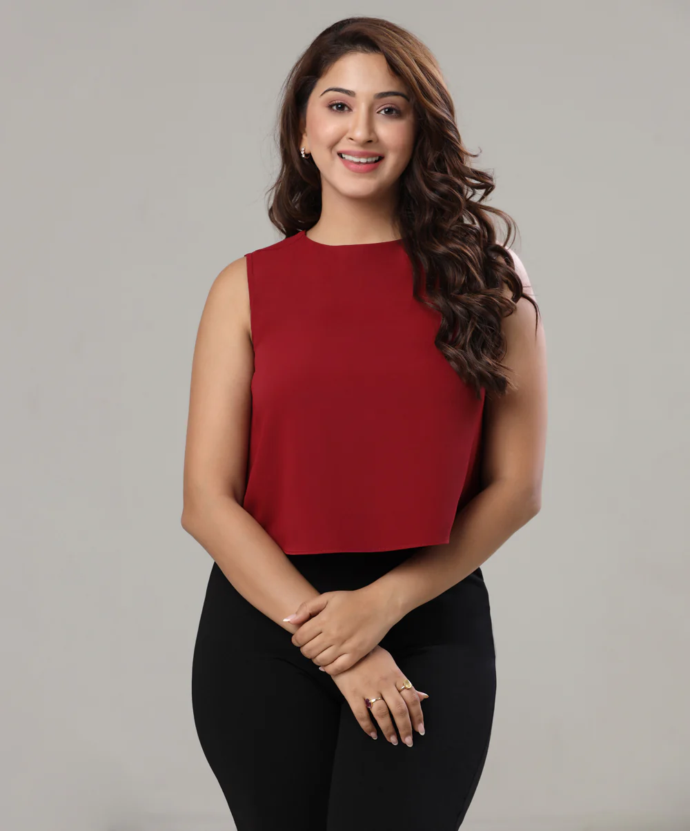 Sleeveless Chiffon Flared Maroon Top - Image 2
