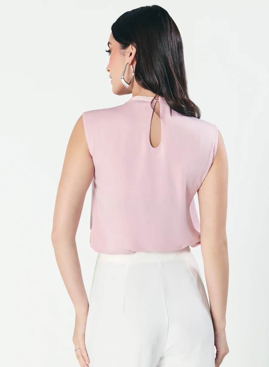 Sleeveless Cowl High Neck Satin Baby-Pink Top - Image 3