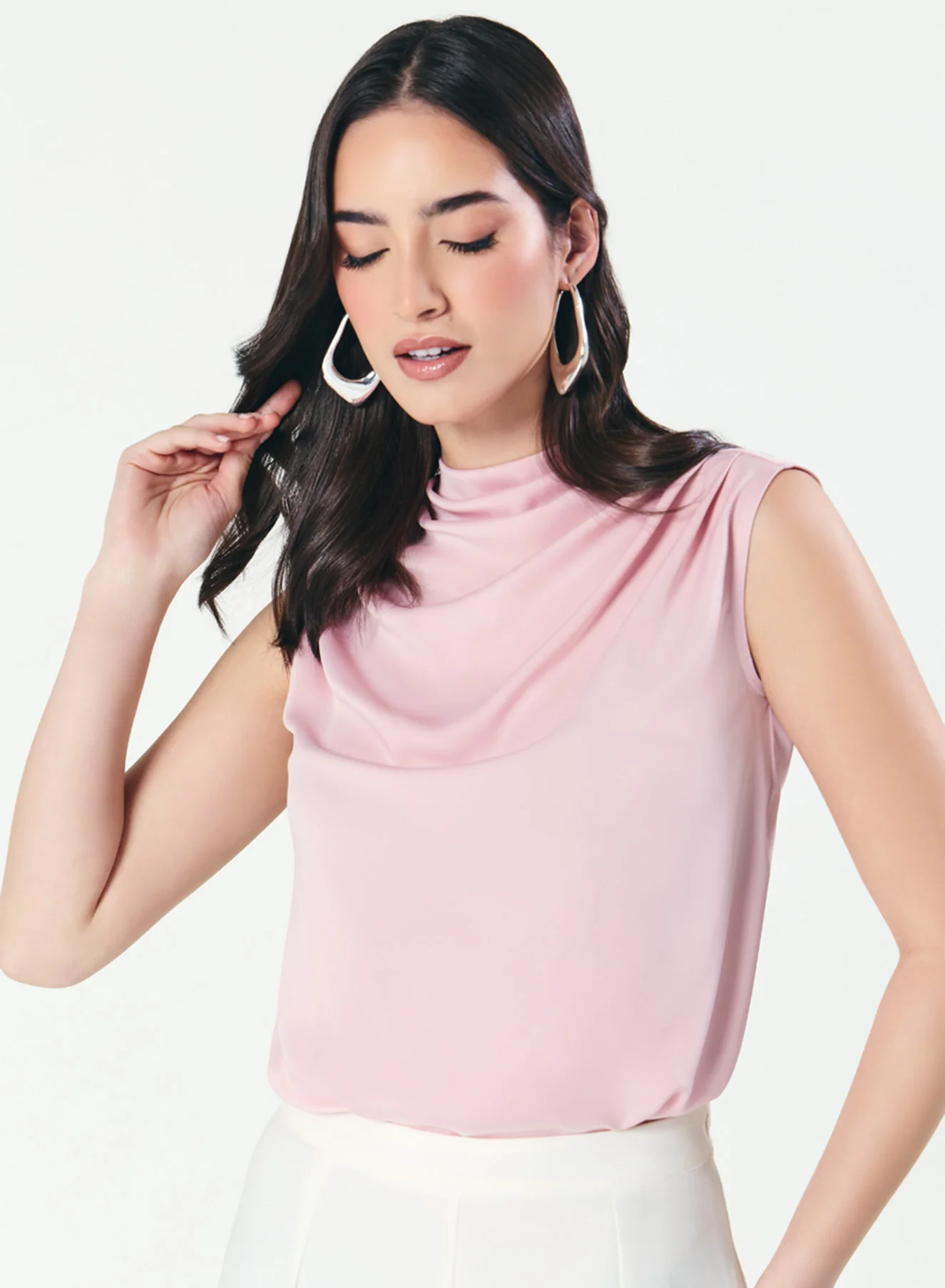 Sleeveless Cowl High Neck Satin Baby-Pink Top - Image 4