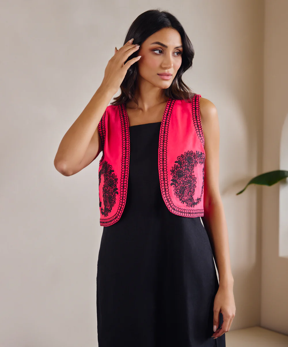 Sleeveless Embroidered Linen Pink Waist Coat - Image 3