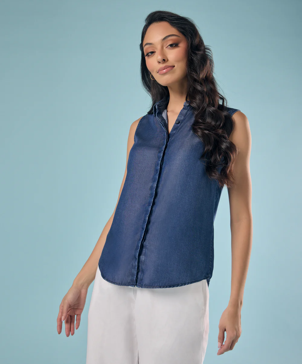 Sleeveless Hidden Placket Tencel Shirt Top - Image 3