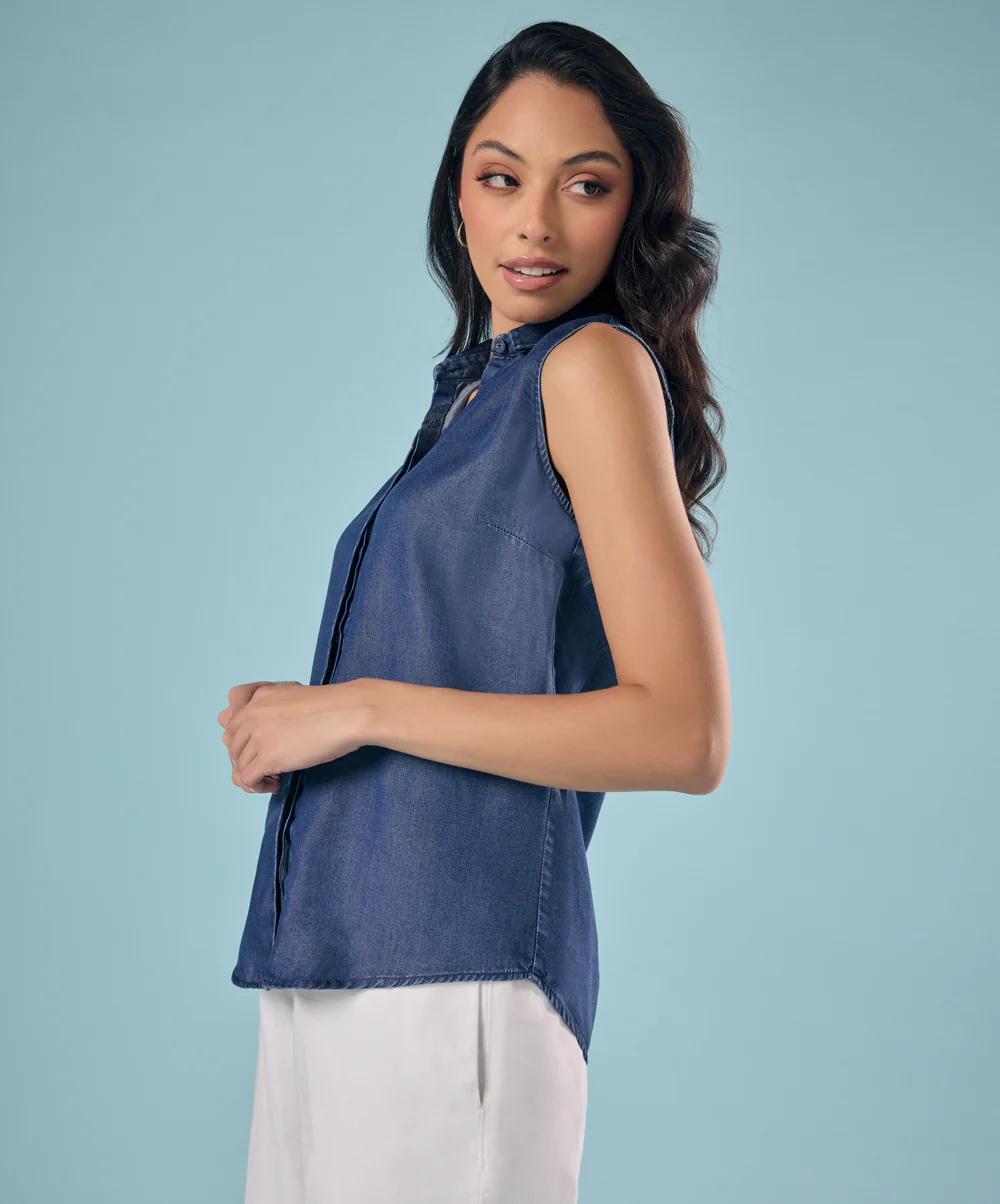 Sleeveless Hidden Placket Tencel Shirt Top - Image 4