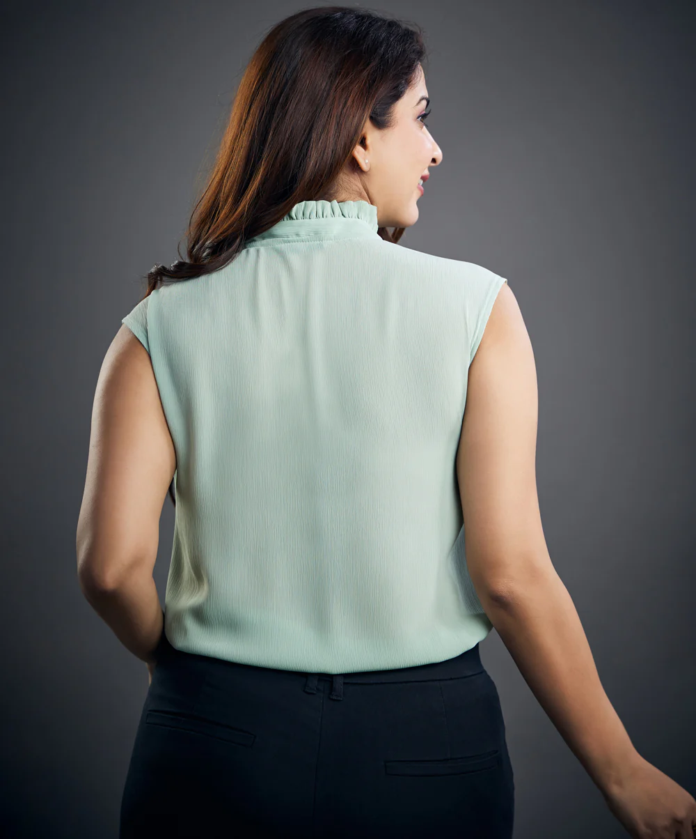 Sleeveless Pleated Chiffon Olive Top - Image 3