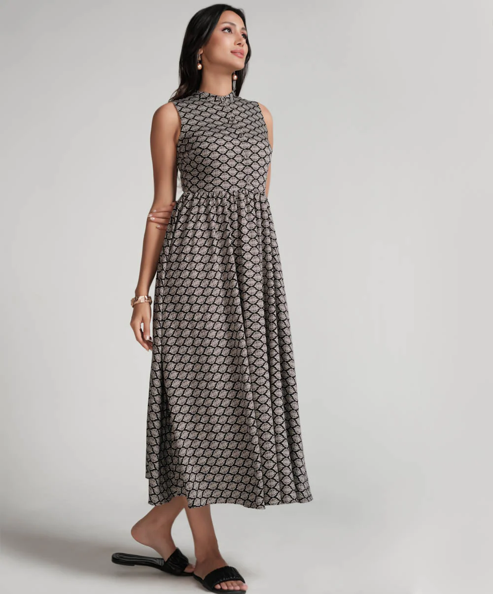 Sleeveless Printed Waist Gathered Black Dress - Image 6