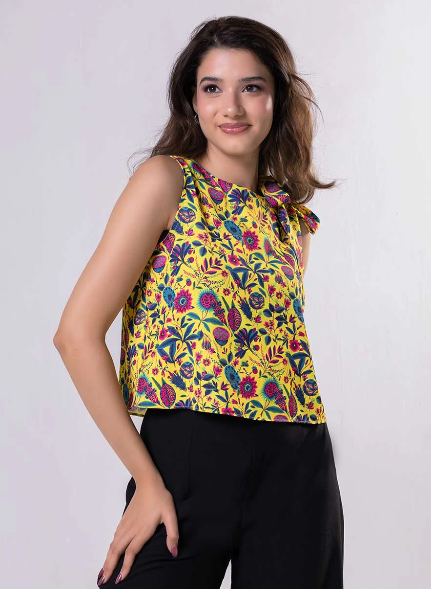Sleeveless Printed Yellow Top With A Bow - Image 3