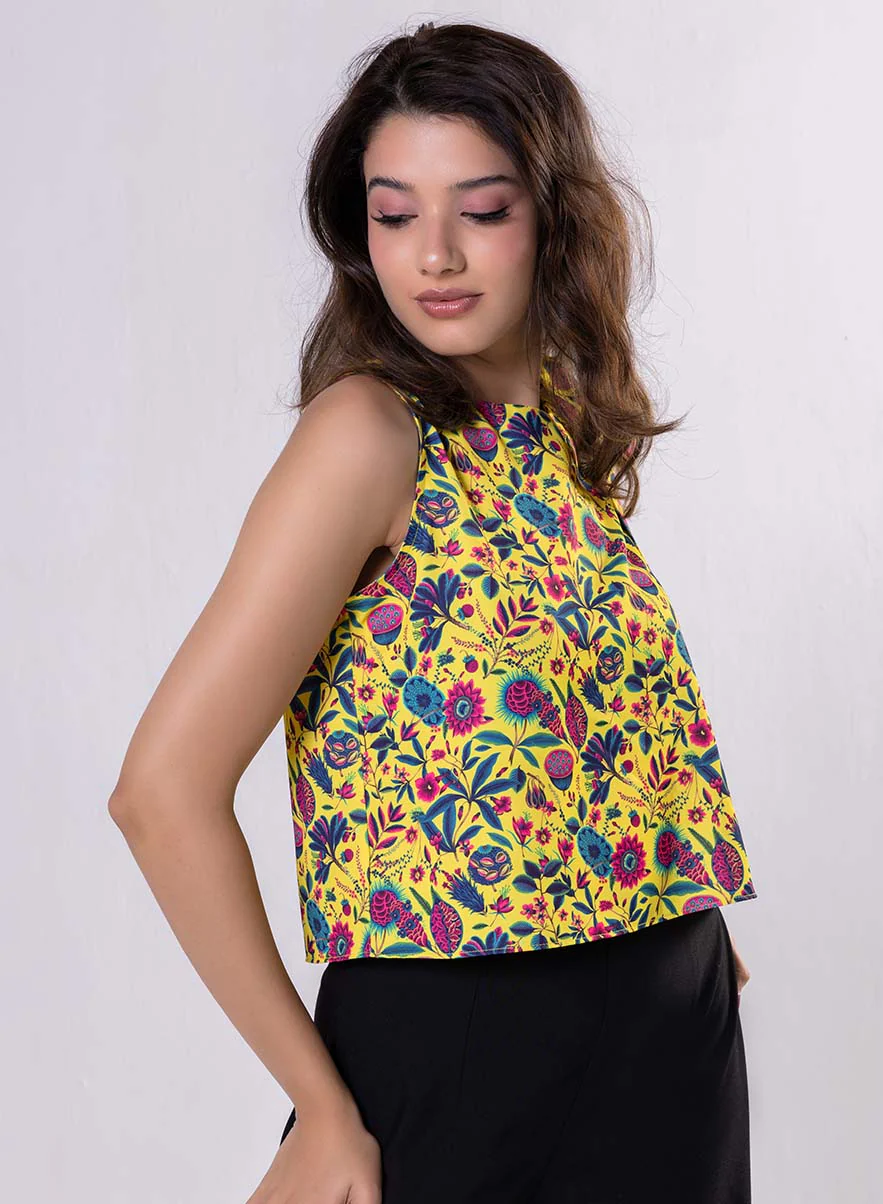 Sleeveless Printed Yellow Top With A Bow - Image 4