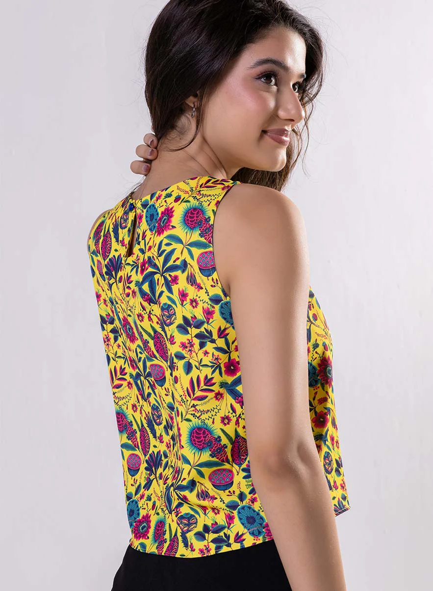 Sleeveless Printed Yellow Top With A Bow - Image 5