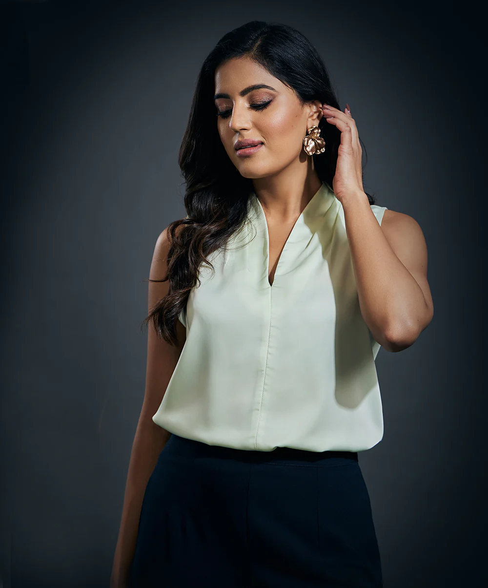 Sleeveless Satin Vneck Top - Light Green
