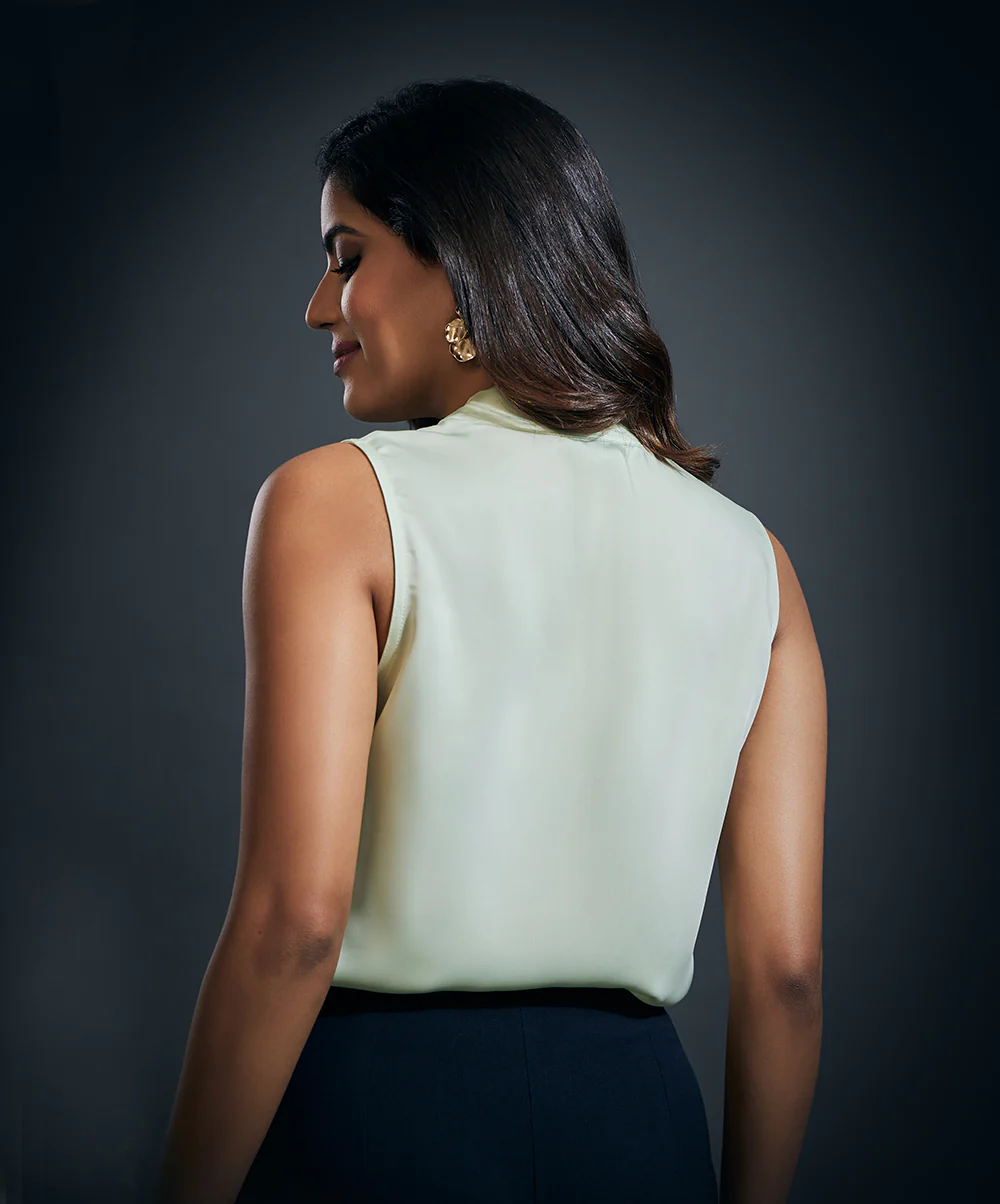 Sleeveless Satin Vneck Top - Light Green - Image 5