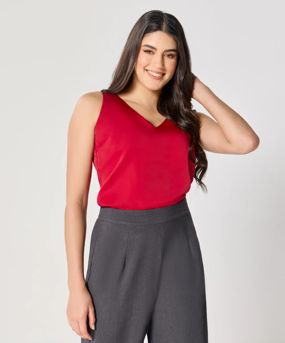 Sleeveless Vneck Satin Top-Dark Pink - Image 6