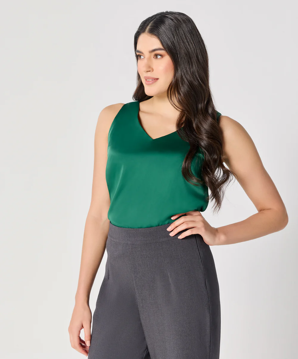Sleeveless Vneck Satin Top-Green - Image 4