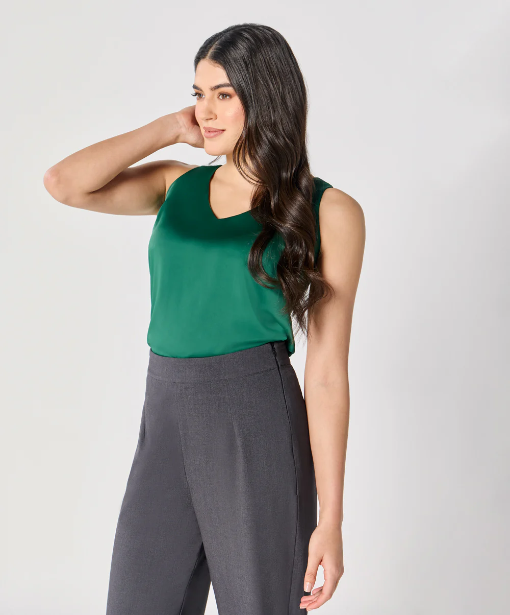 Sleeveless Vneck Satin Top-Green - Image 5