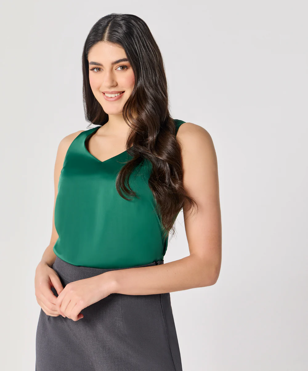 Sleeveless Vneck Satin Top-Green - Image 6