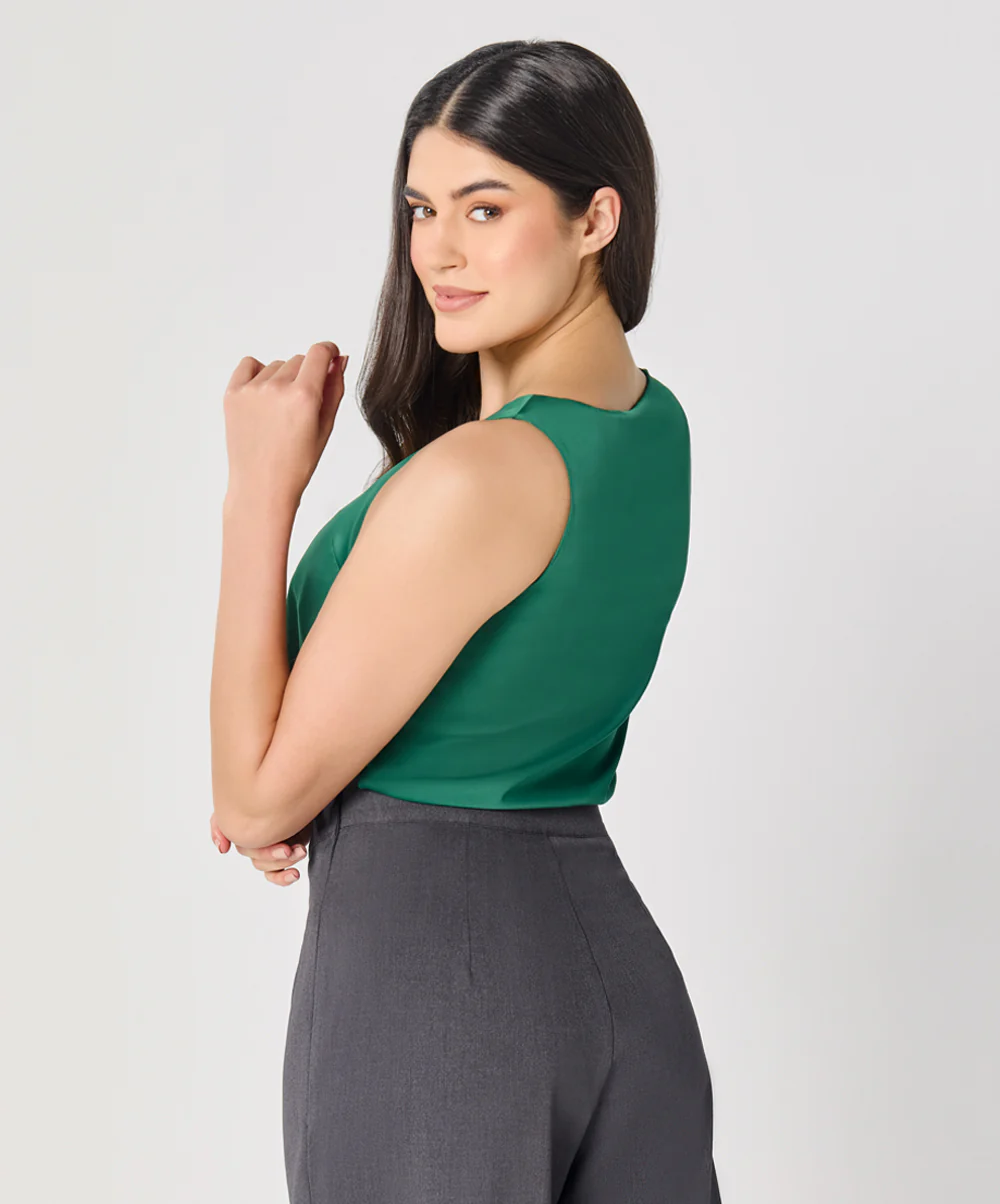 Sleeveless Vneck Satin Top-Green - Image 7