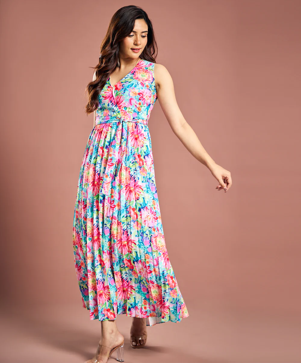 Sleevless Pleated Printed Dress - Image 5
