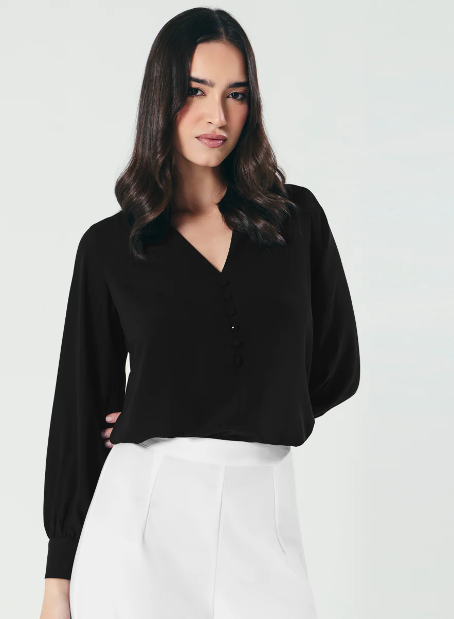 Slender V Neck Black Chiffon Top - Image 2