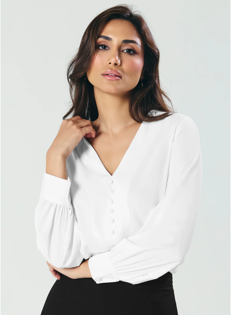 Slender V Neck Off White Chiffon Top - Image 2