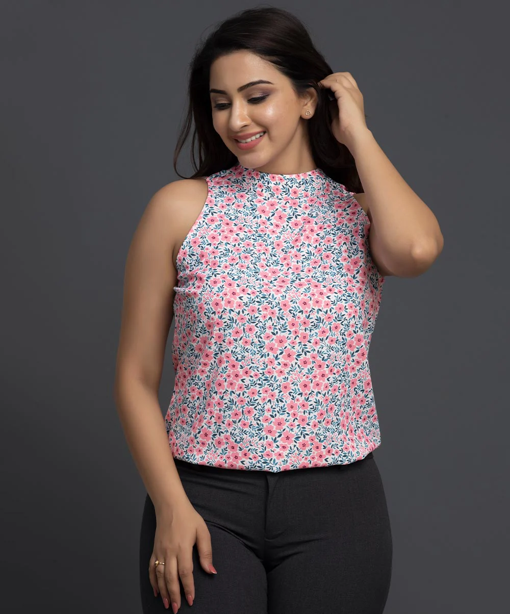 Soft Pink Printed Sleeveless Chiffon Top - Image 2