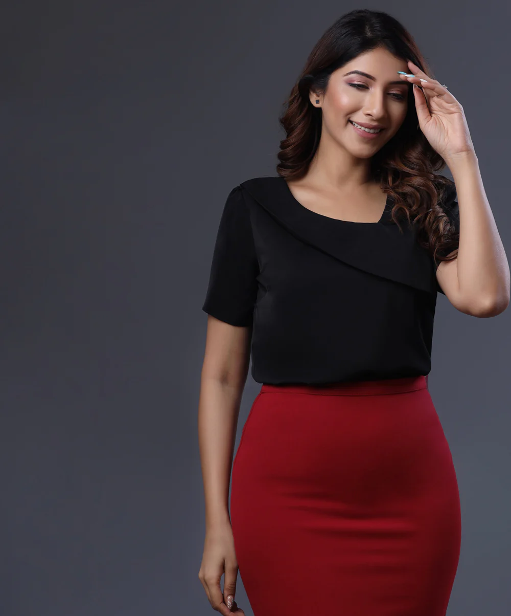 Solid Asymmetrical Neck Puff Sleeve Blouse