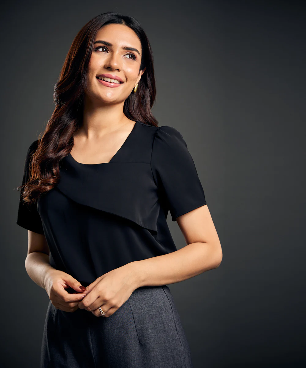 Solid Asymmetrical Neck Puff Sleeve Blouse - Image 3