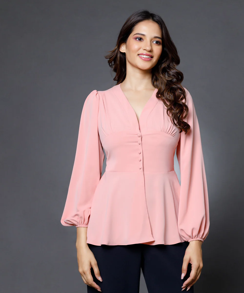 Solid Chiffon V Neck Front Slit Hem Blouse - Image 2