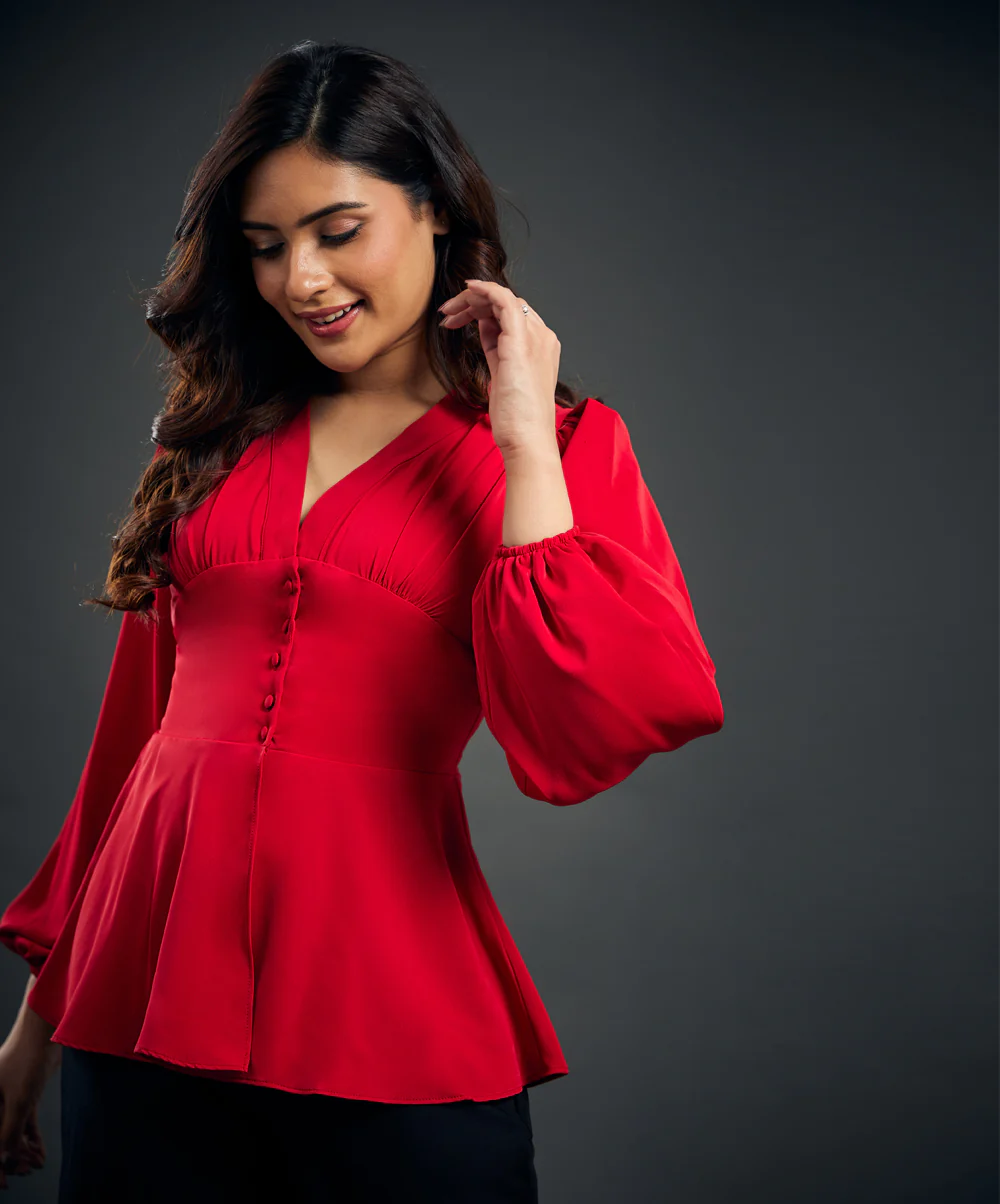 Solid Chiffon Vneck Front Slit Red Blouse