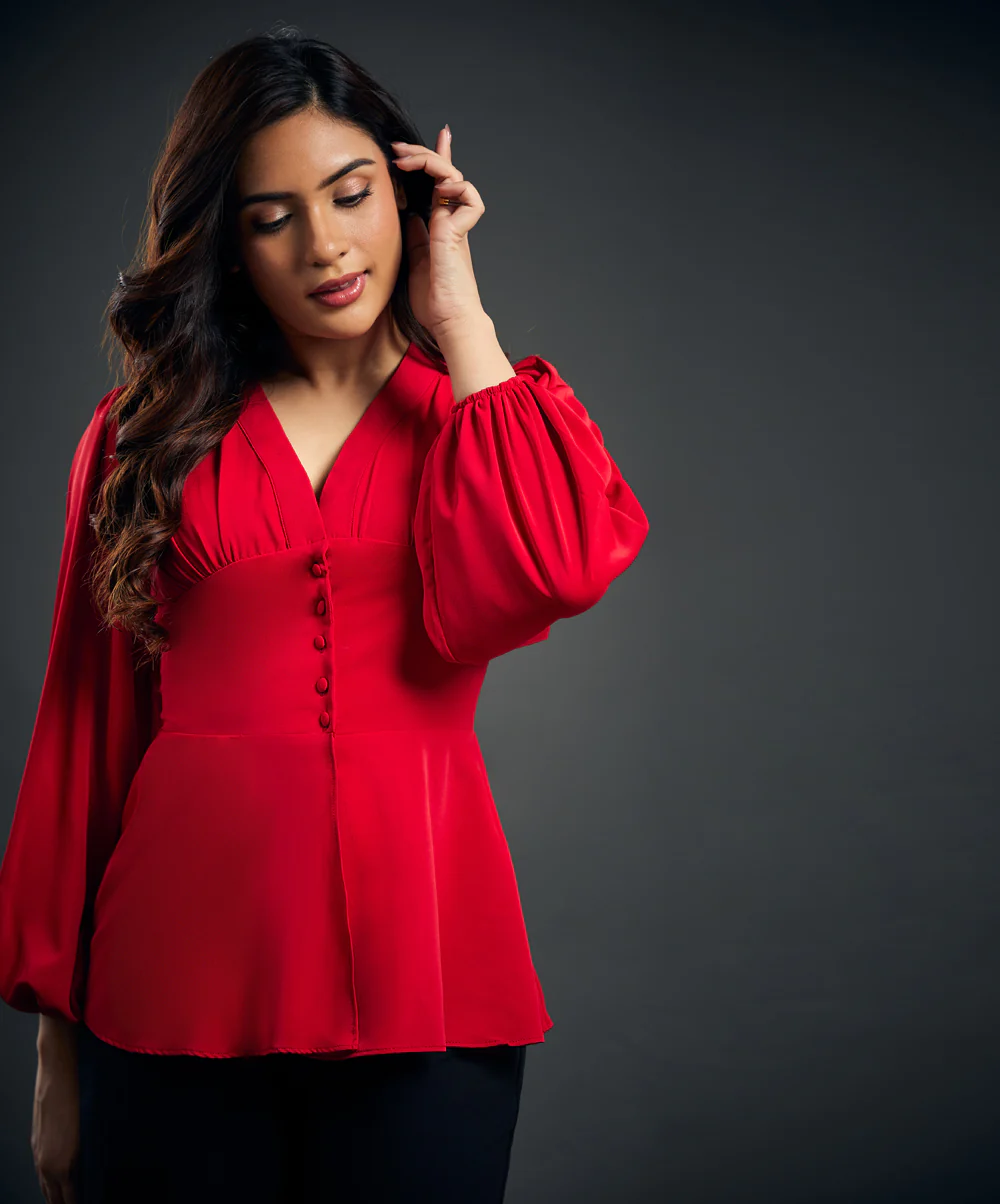 Solid Chiffon Vneck Front Slit Red Blouse - Image 2
