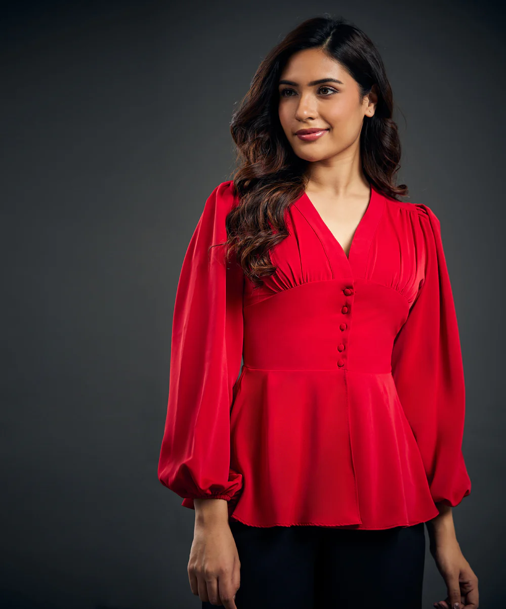 Solid Chiffon Vneck Front Slit Red Blouse - Image 3
