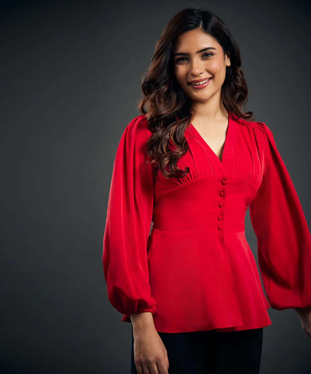 Solid Chiffon Vneck Front Slit Red Blouse - Image 4