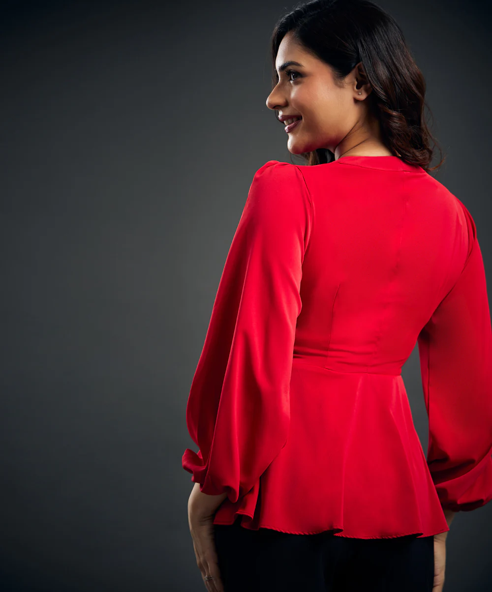 Solid Chiffon Vneck Front Slit Red Blouse - Image 5