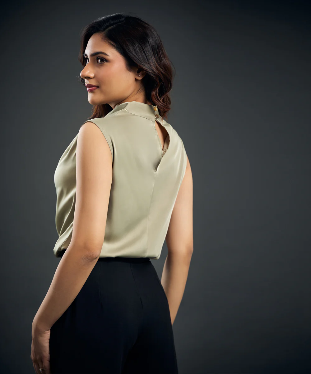 Solid Color Pleated Sleeveless Satin Top - Image 4
