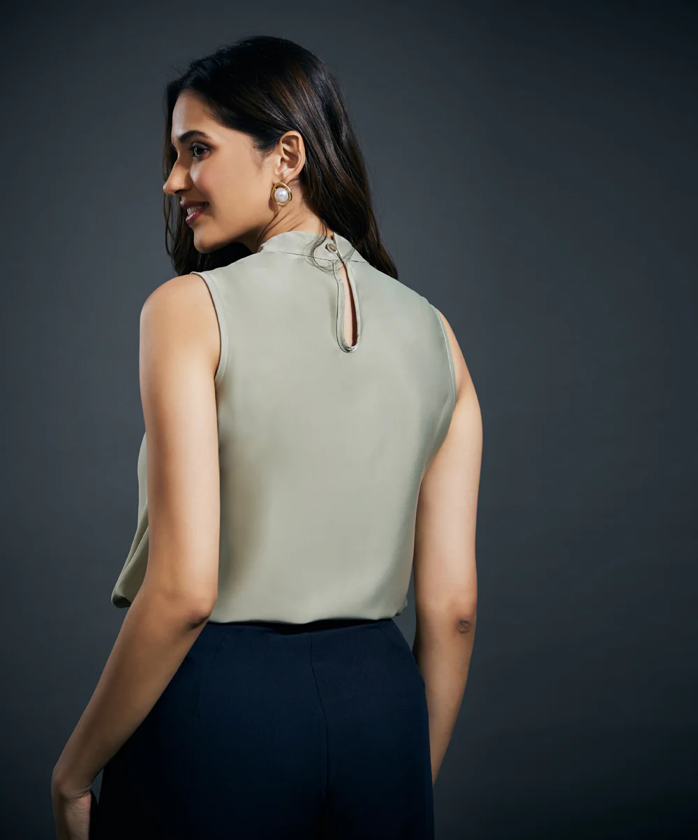Solid Satin Shoulder Dropped Olive Top - Image 3