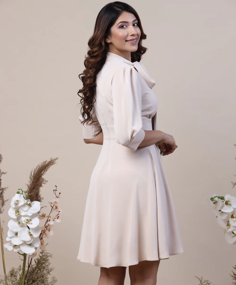 Solid Sweet Neck Tie Flared Dress - Image 2
