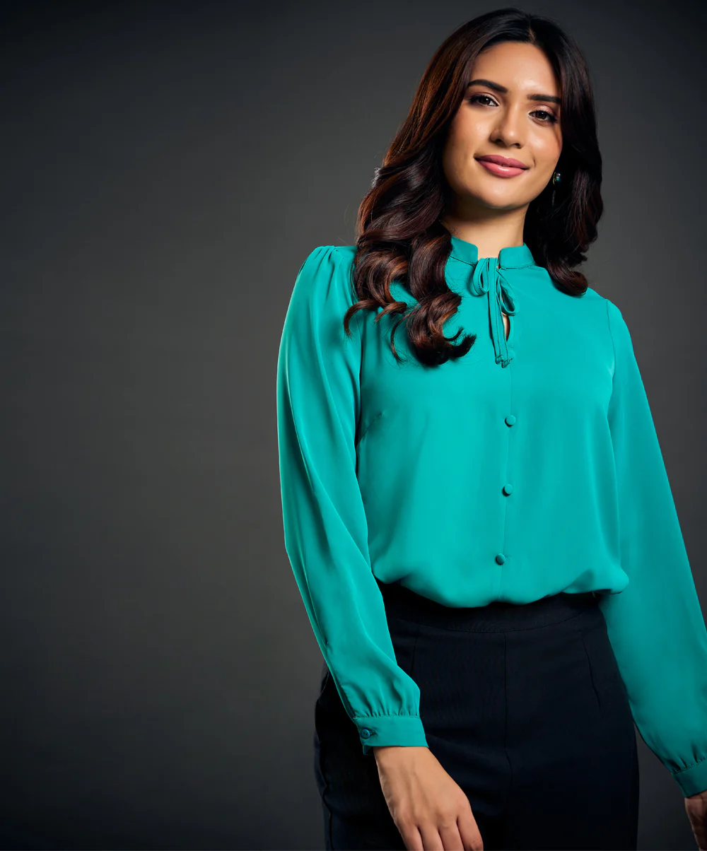 Solid Tie Neck Blouse-Green - Image 2