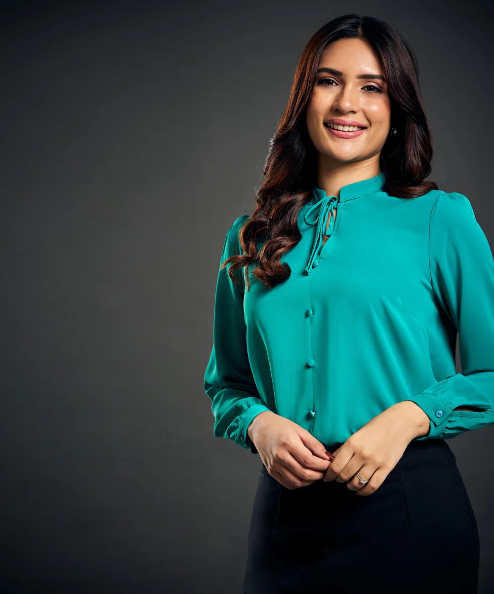 Solid Tie Neck Blouse-Green - Image 3