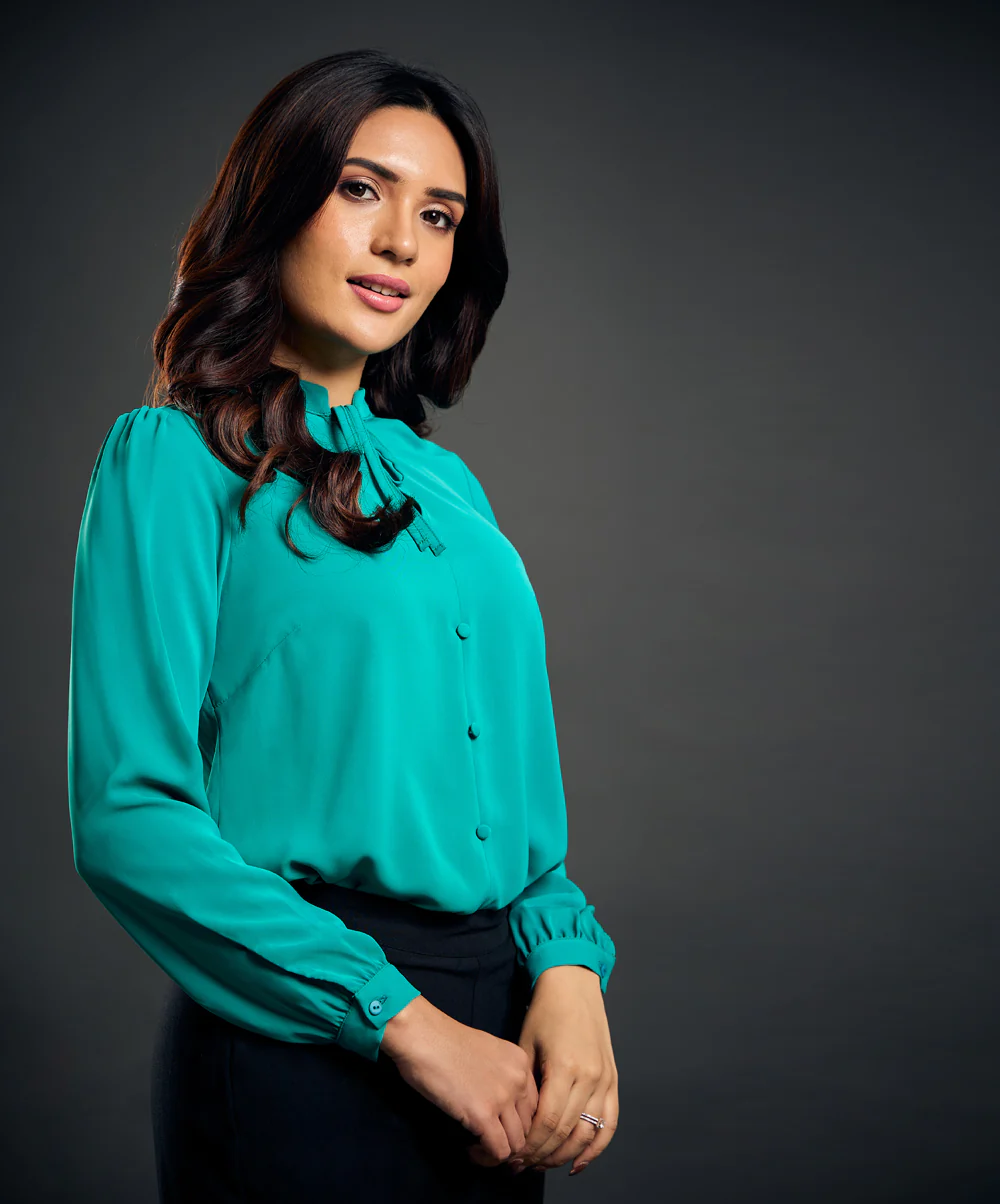 Solid Tie Neck Blouse-Green - Image 4