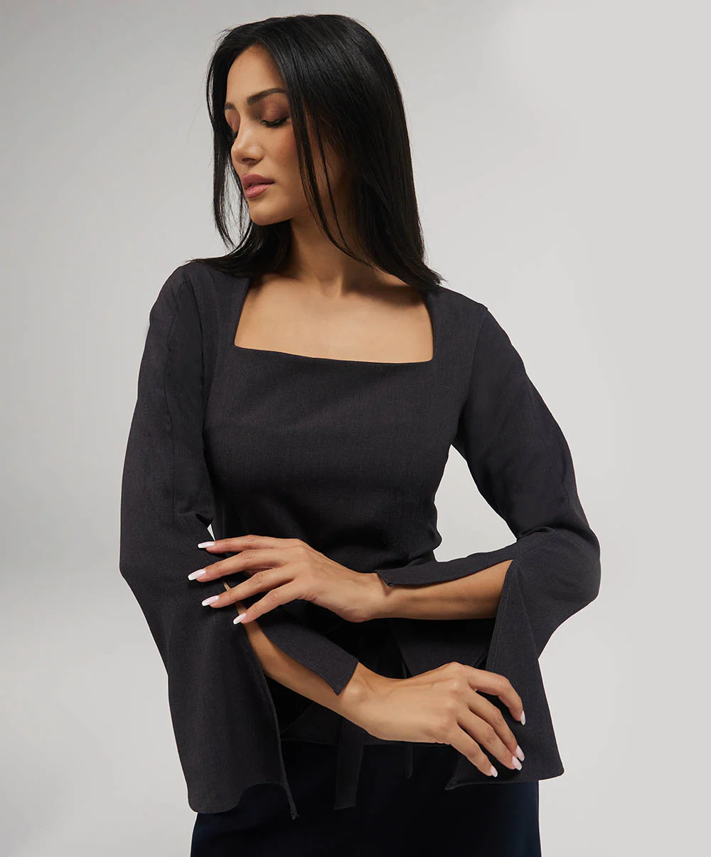 Split Sleeve Square Neck Top -Grey