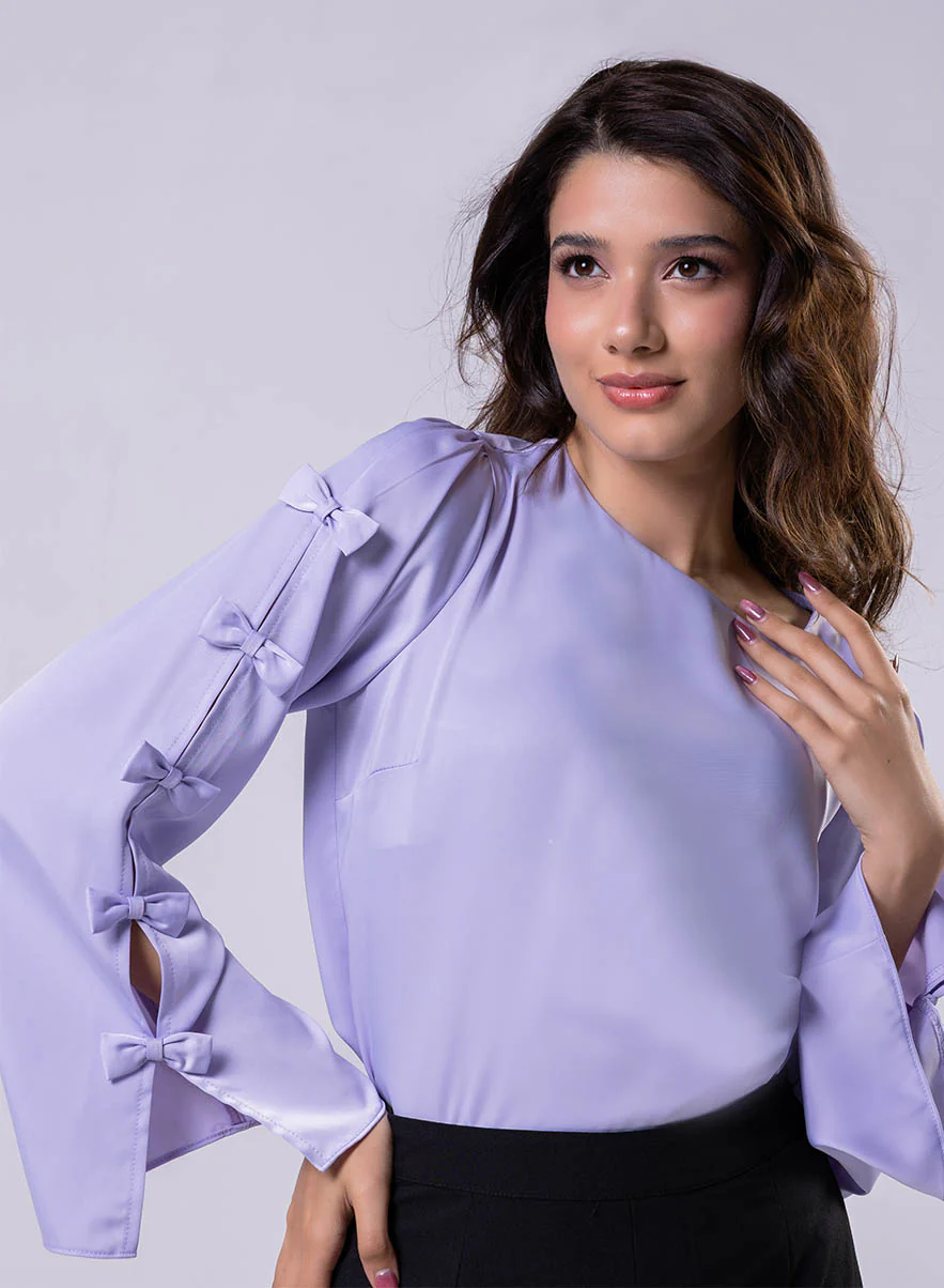 Split Sleeve With Bow Chiffon Lavendar Top - Image 2