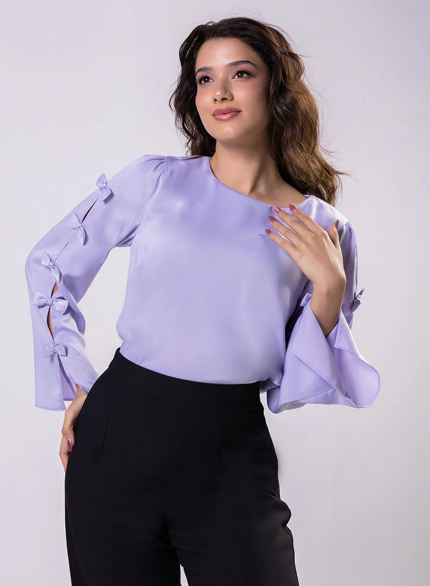 Split Sleeve With Bow Chiffon Lavendar Top - Image 3