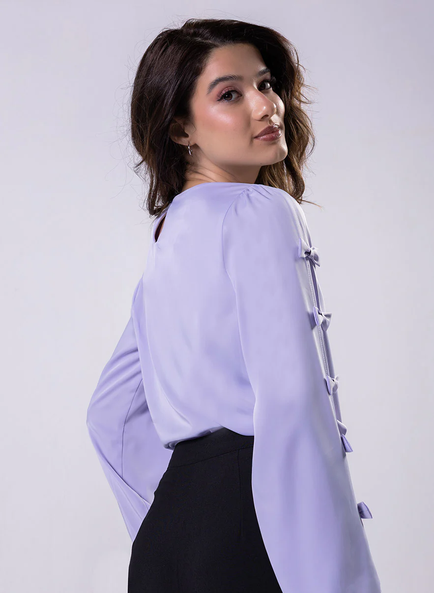 Split Sleeve With Bow Chiffon Lavendar Top - Image 4