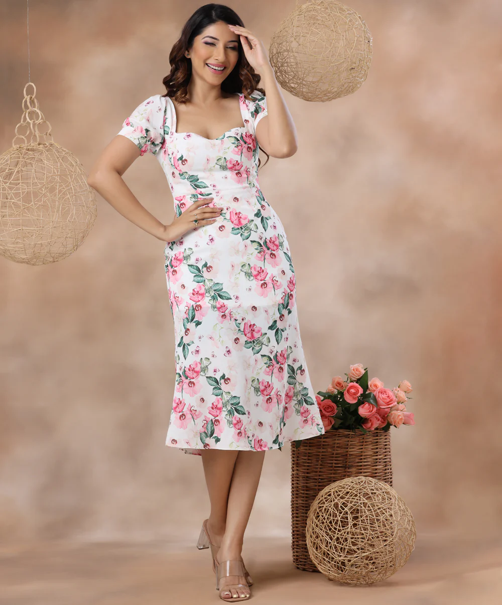 Square Neck Printed Midi Dress
